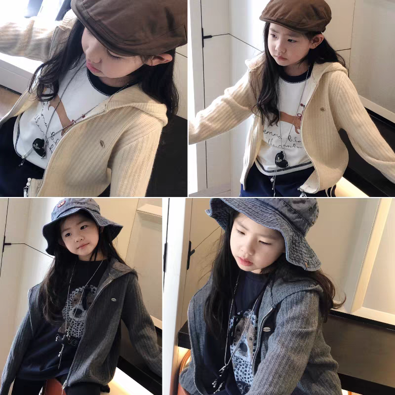 美妞 儿童简约大气百搭拉链毛衣开衫 中大童亲子装 秋冬加厚版