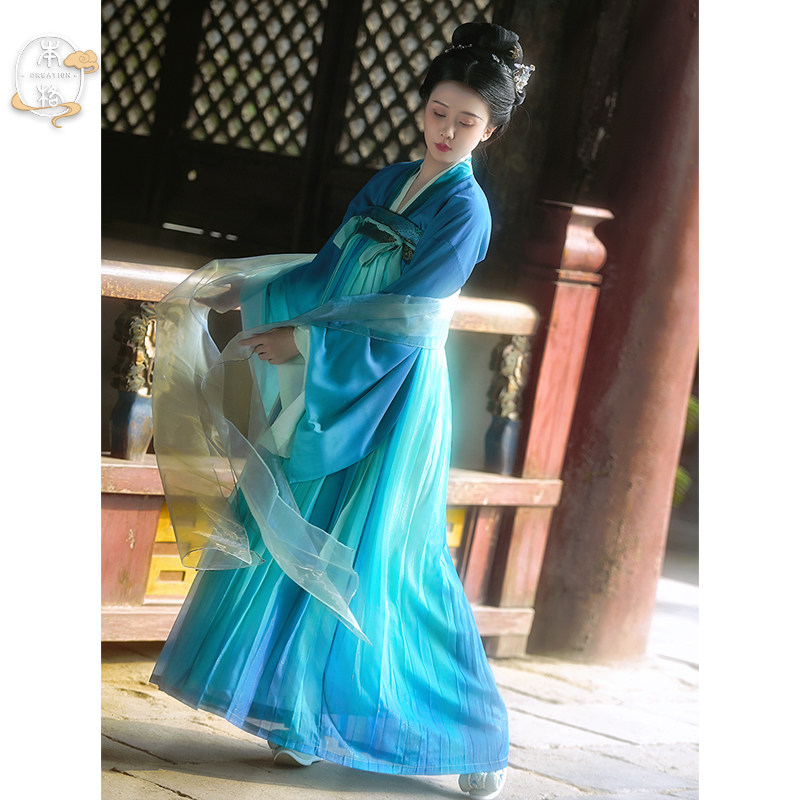 本格出品齐胸春秋女青绿连衣裙图片