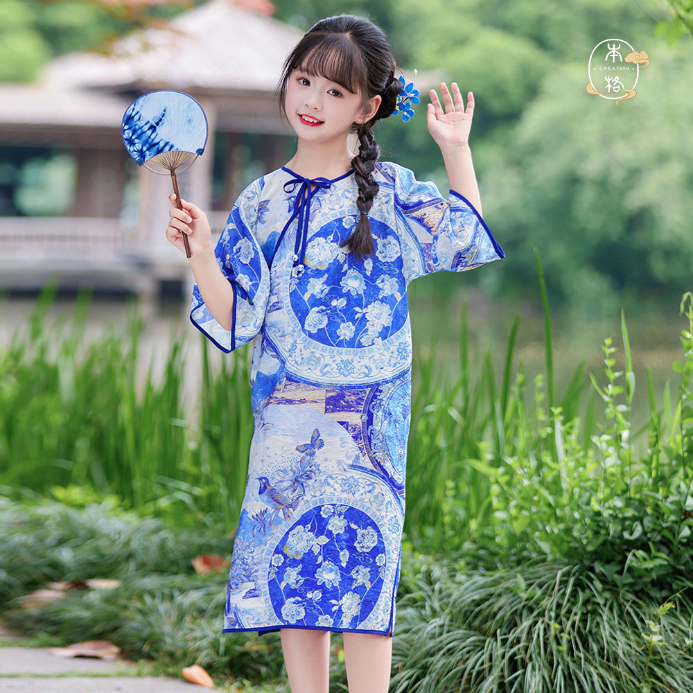 本格汉服改良旗袍连衣裙人丝印花图片