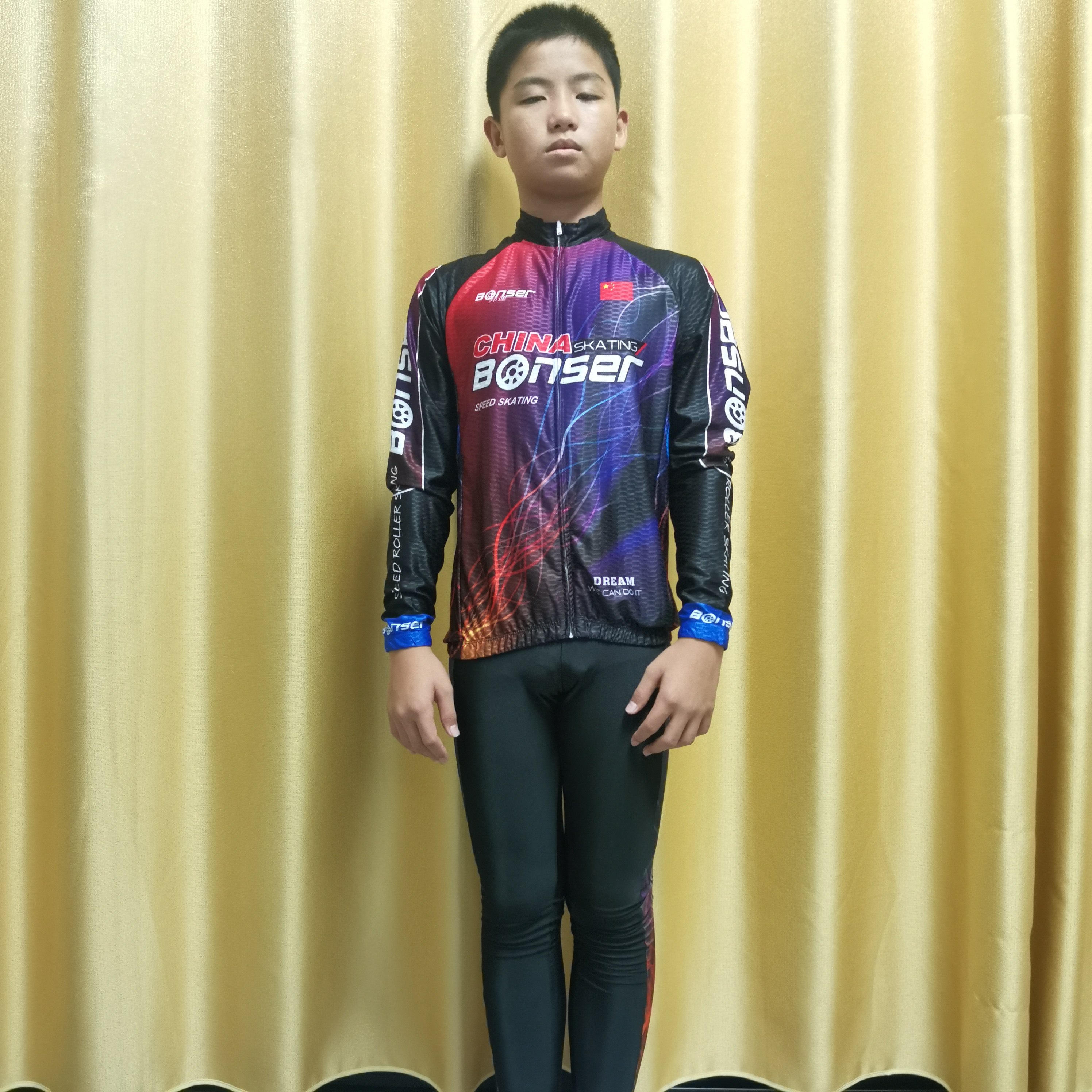 儿童速滑服秋冬新款爪绒中国国旗短道滑冰服比赛服成人训练轮滑服