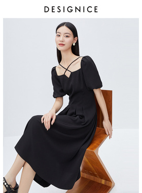 迪赛尼斯黑色长裙夏装静奢风绝美小黑裙泡泡袖长款短袖连衣裙女
