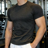 男速干弹力修身 无缝提花健身衣短袖 运动T恤训练跑步上衣 美式 新款