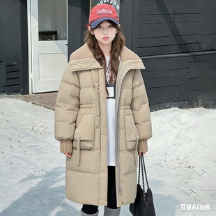 针织翻领咖色女童羽绒服