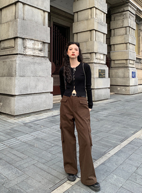 清仓不退不换 复古咖色直筒口袋工装裤女2024秋冬高腰阔腿牛仔裤