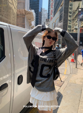 fullmoon满月 美式复古v领字母毛衣女2025春季慵懒风学院风针织衫