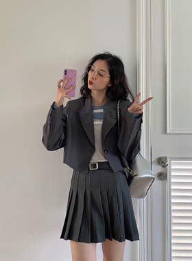 清仓不退不换 学院风西装外套+百褶裙女2024灰色西服套装两件套