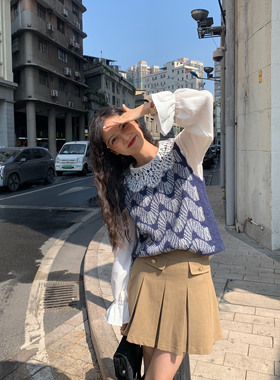 清仓不退不换 韩国复古花纹针织马甲背心女2025冬季圆领花边毛衣