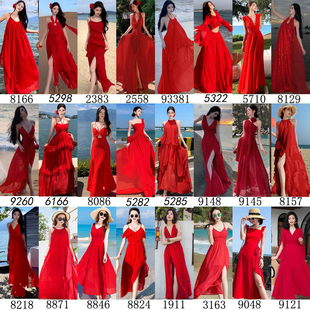大红色连衣裙女夏季 三亚海边度假出游拍照长裙青海湖沙滩裙海滩裙