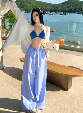 马尔代夫度假休闲穿搭蓝色比基尼白色防晒衬衫女夏海边性感三件套