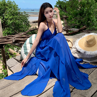 克莱因蓝色连衣裙性感大露背显瘦三亚旅游衣服超仙海边度假沙滩裙