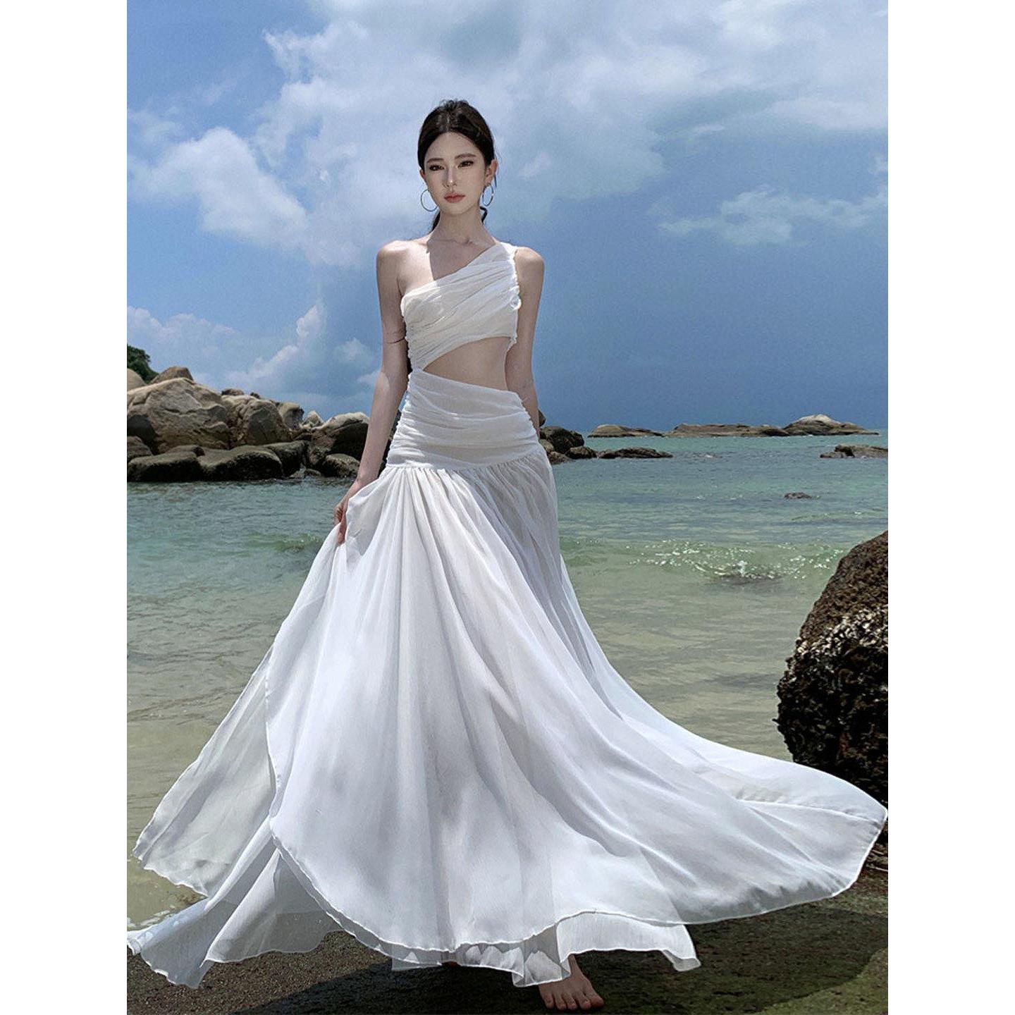 北疆草原川西旅游出片穿搭白色沙滩裙女雪纺大摆裙海边度假连衣裙图片