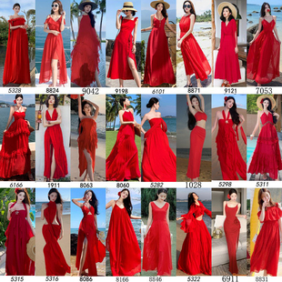 波西米亚夏季 大红色复古显瘦海边度假连衣裙 超仙沙滩长裙2026新款
