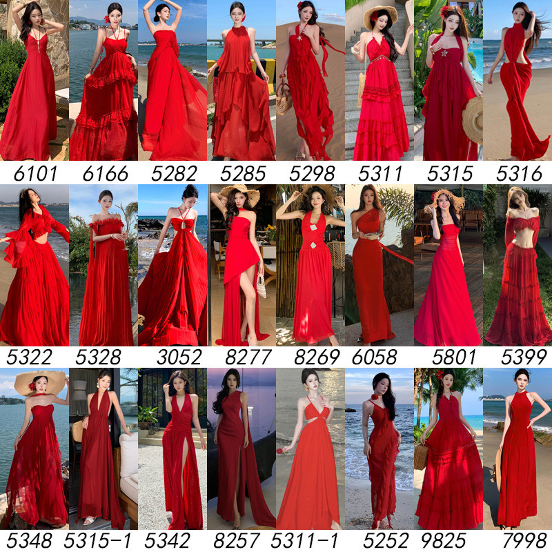 大红色沙滩裙茶卡盐湖洱海边旅行三亚海边度假超仙大摆吊带连衣裙