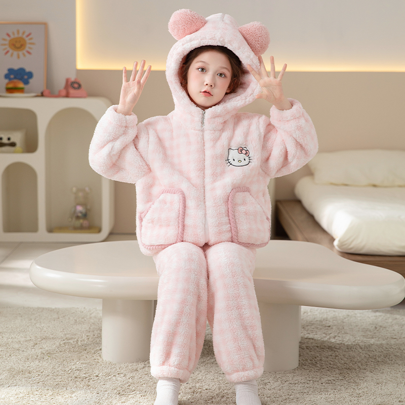 儿童睡衣女童秋冬季法兰绒连帽居家服小女孩儿童家居服亲子装套装