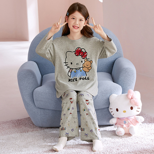 春秋可外穿甜美卡通KT猫 家居服套装 儿童睡衣女童纯棉长袖 圆领春季