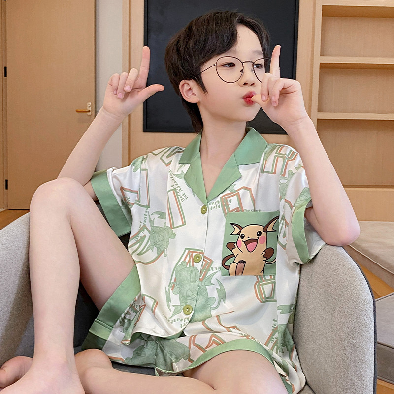 男童睡衣夏季冰丝短袖套装薄款夏