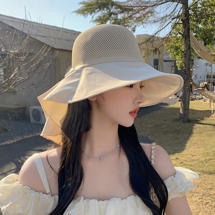 帽子女渔夫帽夏季防晒遮阳帽百搭休闲飘带新款圆顶出游遮脸新款
