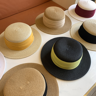 帽子女草帽新款夏季平顶防晒遮阳帽海边度假拍照出游礼帽宽檐织带