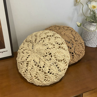 春夏款镂空钩花贝雷帽女韩版透气青年文艺休闲圆顶草编画家蓓蕾帽