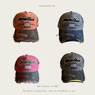 美式水洗破布字母1969拼色鸭舌帽女百搭休闲时尚棒球帽男弯檐ins