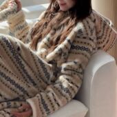 冬季 睡衣女超长睡袍行走被窝条纹豹纹睡衣加厚保暖家居服睡袍连帽