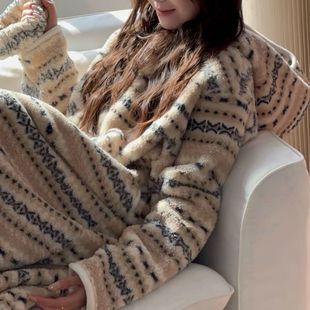 冬季 睡衣女超长睡袍行走被窝条纹豹纹睡衣加厚保暖家居服睡袍连帽