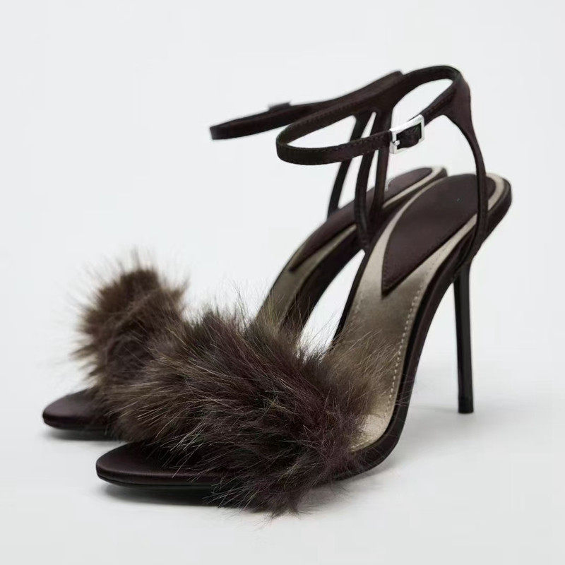 西班牙2025春季新款一字带超高跟气质欧美鞋网红名媛毛毛中空凉鞋,女鞋,一字带凉鞋,淘宝优惠券,粉丝福利购,淘宝优惠卷