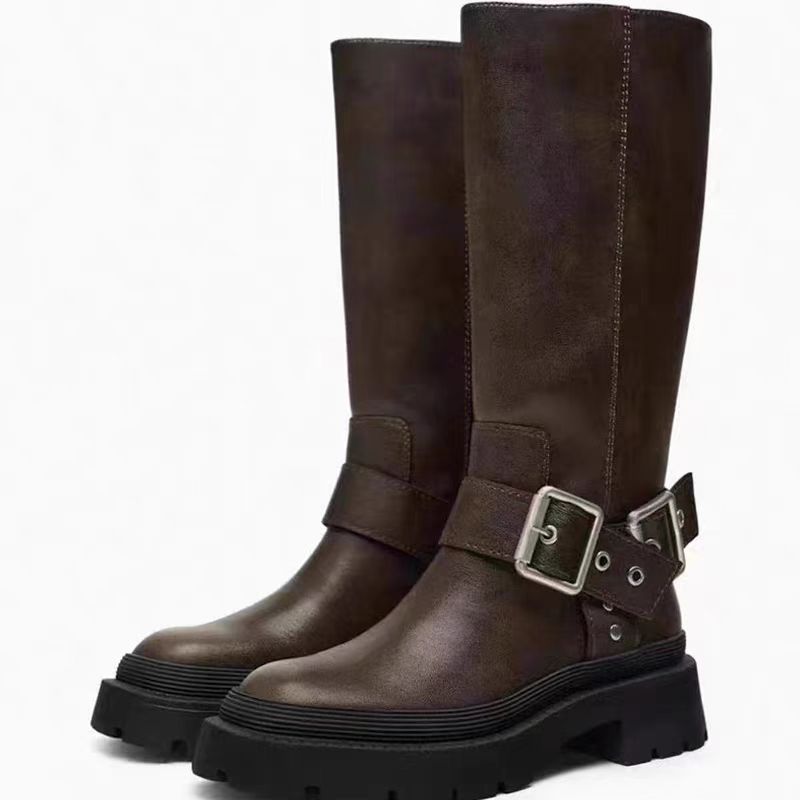 西班牙2024秋季新品TRF粗跟圆头侧拉链女鞋棕色复古搭扣饰高筒靴