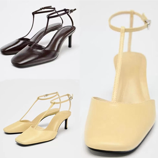 香草黄色皮面带饰方头露跟高跟鞋 方头浅口凉鞋 新品 西班牙2025秋季