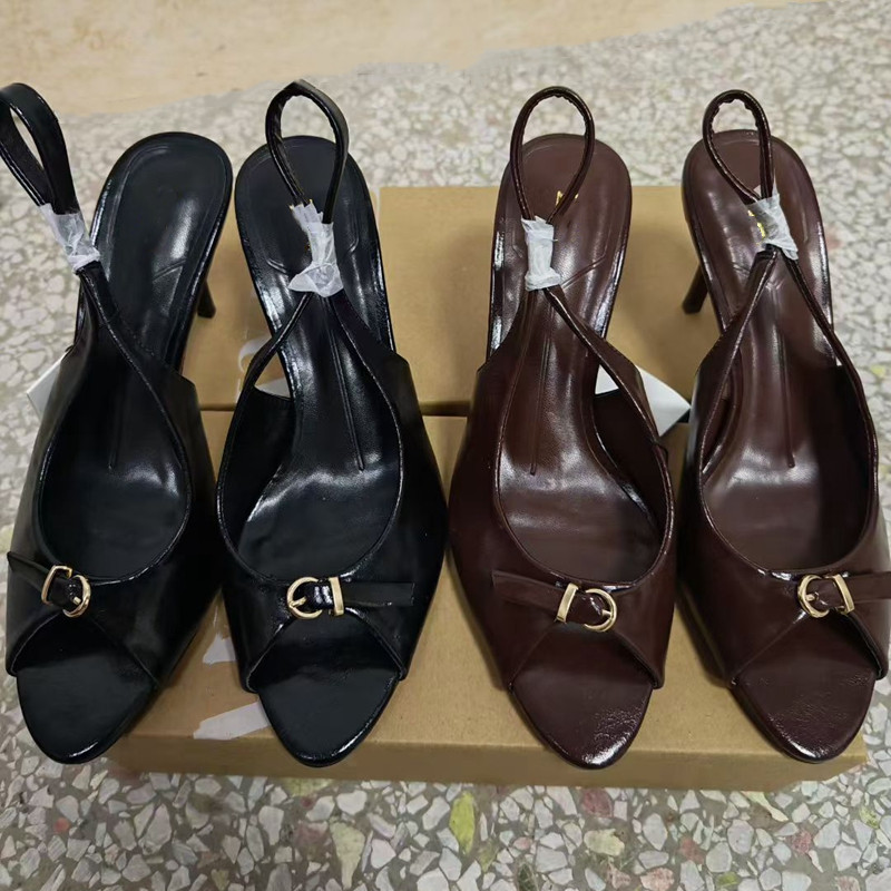 西班牙2025秋季新品鱼嘴欧美时尚女鞋棕色漆皮效果尖头细高跟凉鞋