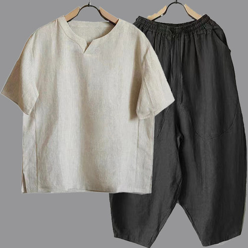 一整套宽松夏季棉麻两件套加肥休闲薄款亚棉麻短袖九分裤