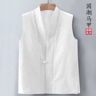 男士夏复古无扣棉麻v领百搭无袖衫背心汗衫打底马甲透气吸汗大码