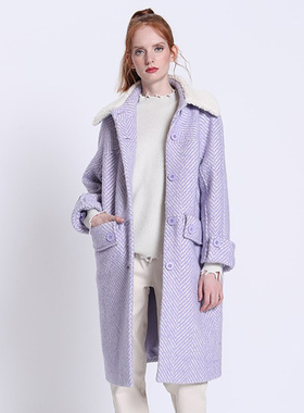 季候风女装 冬季绵羊羊毛翻领粗花呢大衣中长款外套女0874DA211