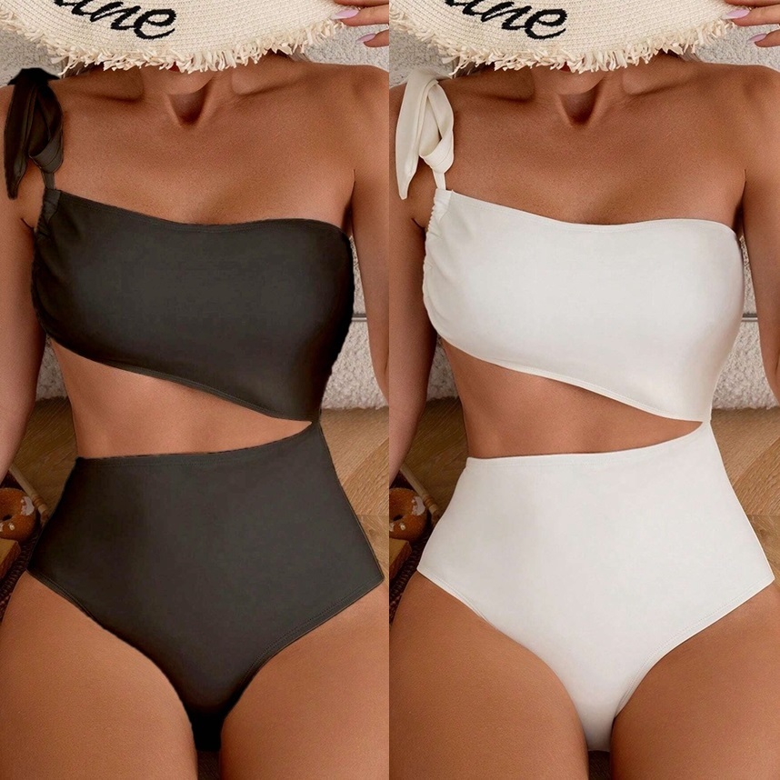 2024单肩系带纯色连体泳衣欧美镂空温泉游泳衣女士沙滩一体式泳装