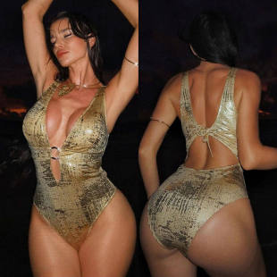 2026欧美性感连体泳衣度假烫金绑带镂空比基尼女士沙滩一体式 泳装