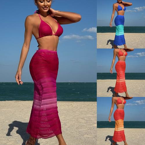 三件套比基尼泳装女渐变网纱挂脖