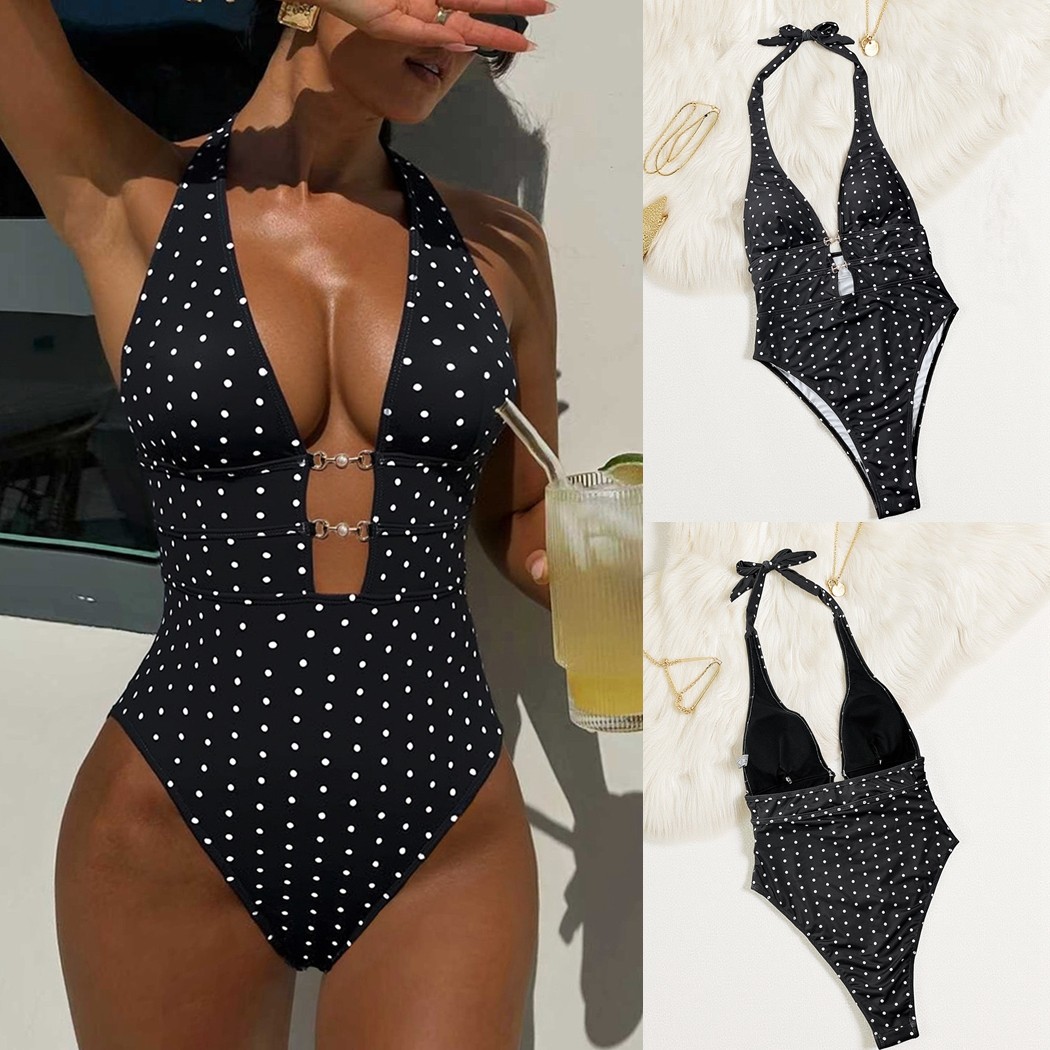 新款欧美性感圆点印花连体泳衣度假舒适显瘦紧身游泳衣跨境泳装女