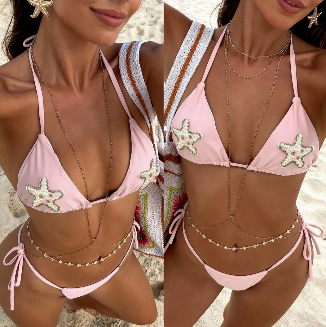 比基尼分体泳衣女粉色挂脖三角杯