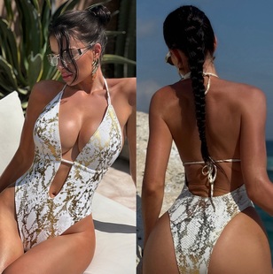 度假游泳衣 泳装 欧美时尚 性感连体泳衣沙滩V领镂空露背系带一体式