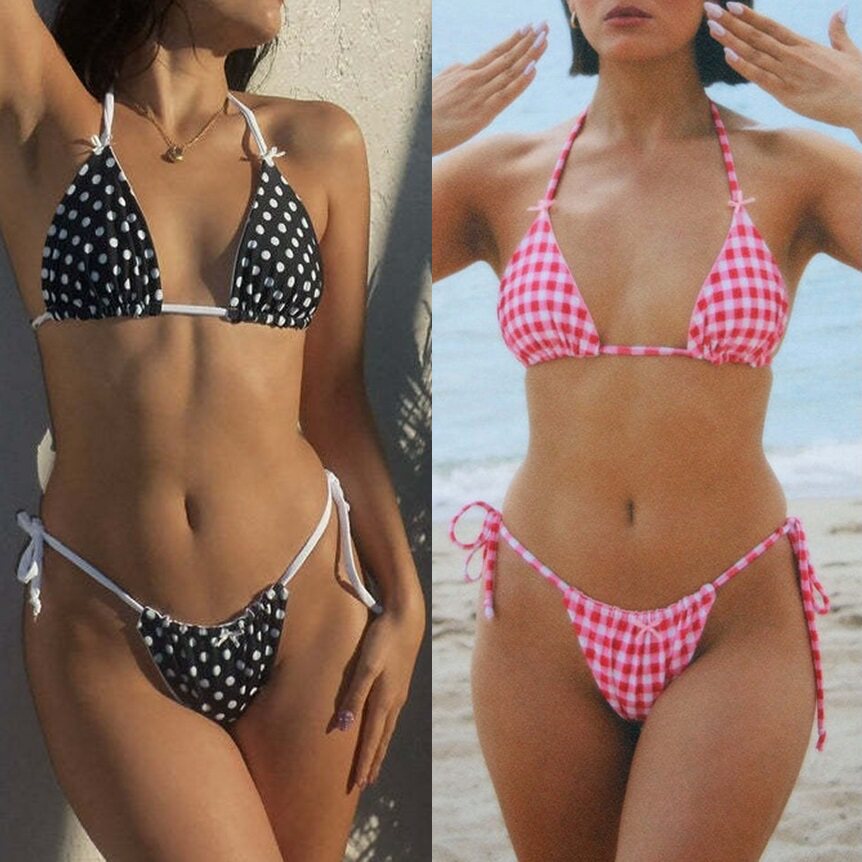 2024新款蝴蝶结比基尼欧美圆点性感泳衣女士沙滩粉格子三点式泳装