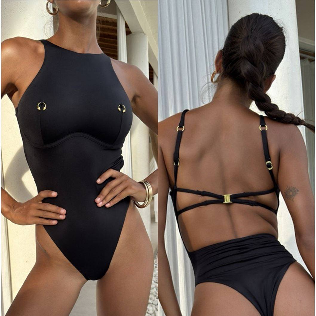 2025新款性感连体泳衣欧美比基尼女士纯色跨境游泳衣沙滩温泉泳装