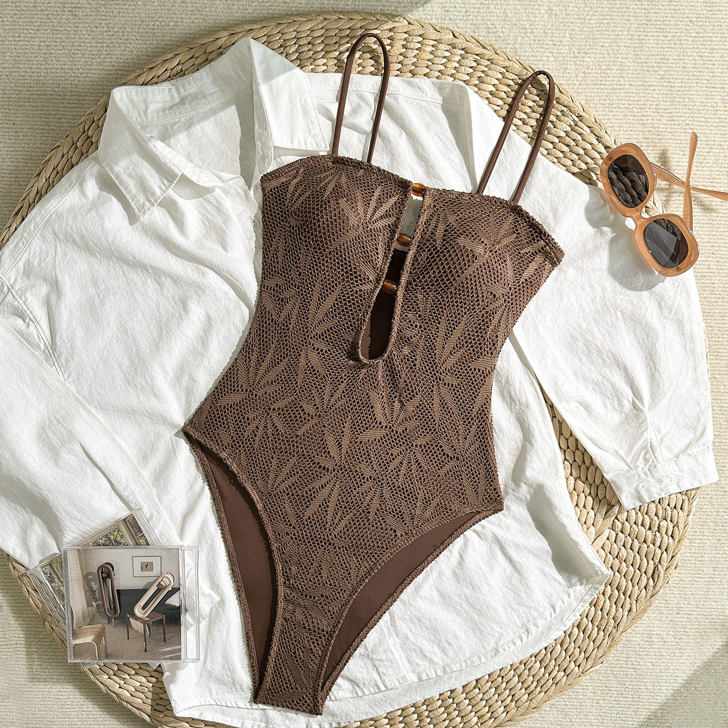 2026欧美新款纯色连体泳衣女士紧身提花沙滩比基尼泳衣跨境游泳衣