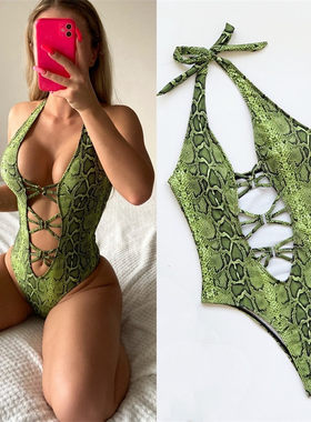 新款连体泳衣蛇纹女士绑带印花