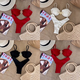 2025新款 沙滩游泳衣 欧美性感比基尼跨境聚拢纯色分体泳衣女士泳装