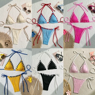 2024欧美新款 性感纯色比基尼沙滩游泳衣挂脖分体泳衣女士度假泳装