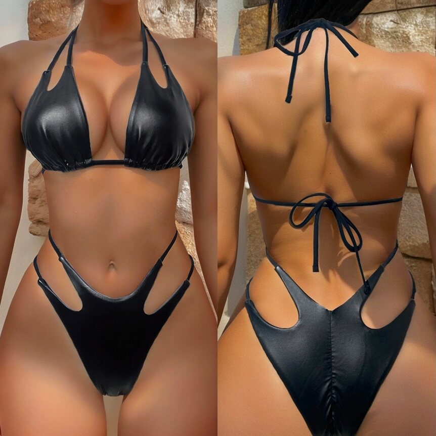 新款比基尼沙滩露背分体泳衣欧美绑带游泳衣女士度假纯色性感泳装