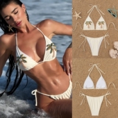 欧美立体设计分体泳衣系带性感比基尼度假纯色泳装 女士沙滩游泳衣