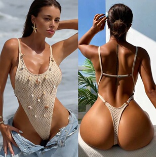 2026新款 游泳衣女 露背连体泳衣跨境欧美性感网格比基尼沙滩一件式