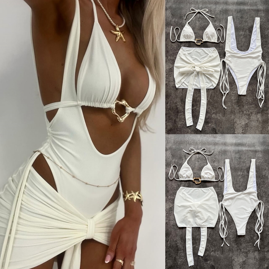 女士三件套比基尼泳衣不規則系帶