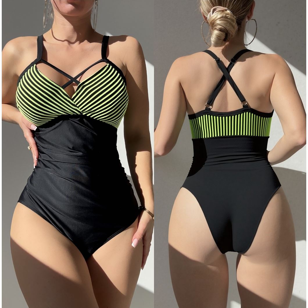 跨境欧美亮绿色条纹性感连体泳衣后背交叉系带比基尼沙滩游泳衣女